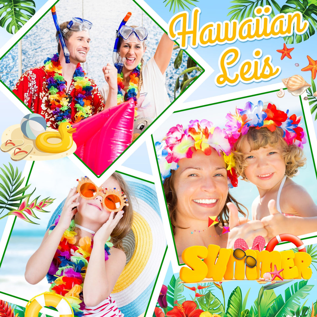 AMAZING TIME luau party lei decor doubles as bright party favor for guests.