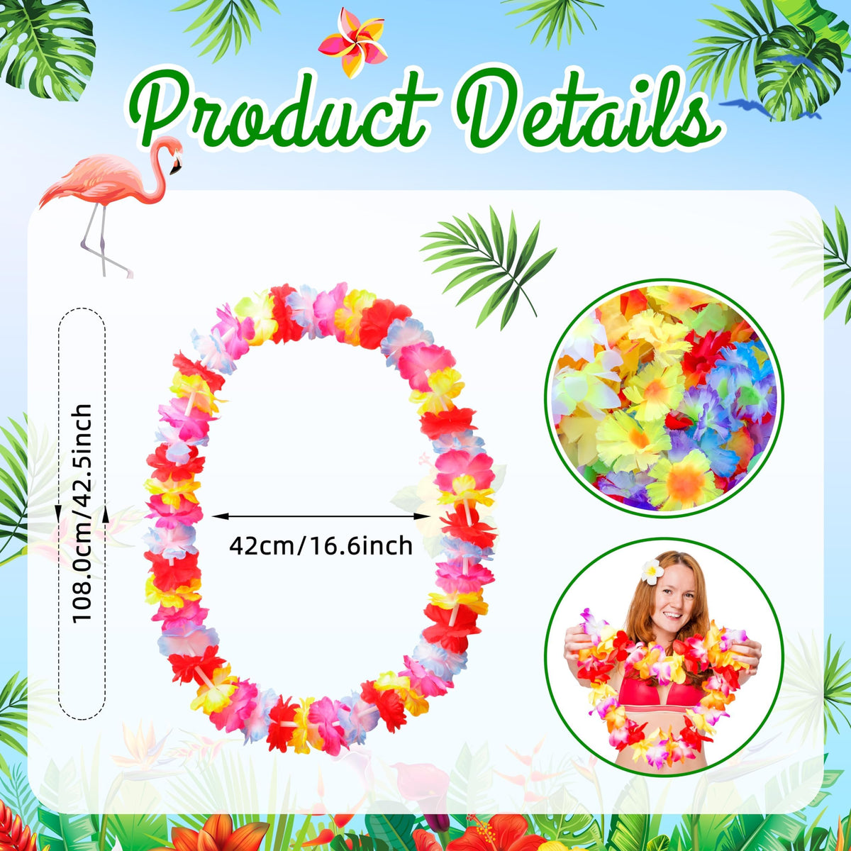 AMAZING TIME silk flower lei closeup shows soft fabric and colorfast design.