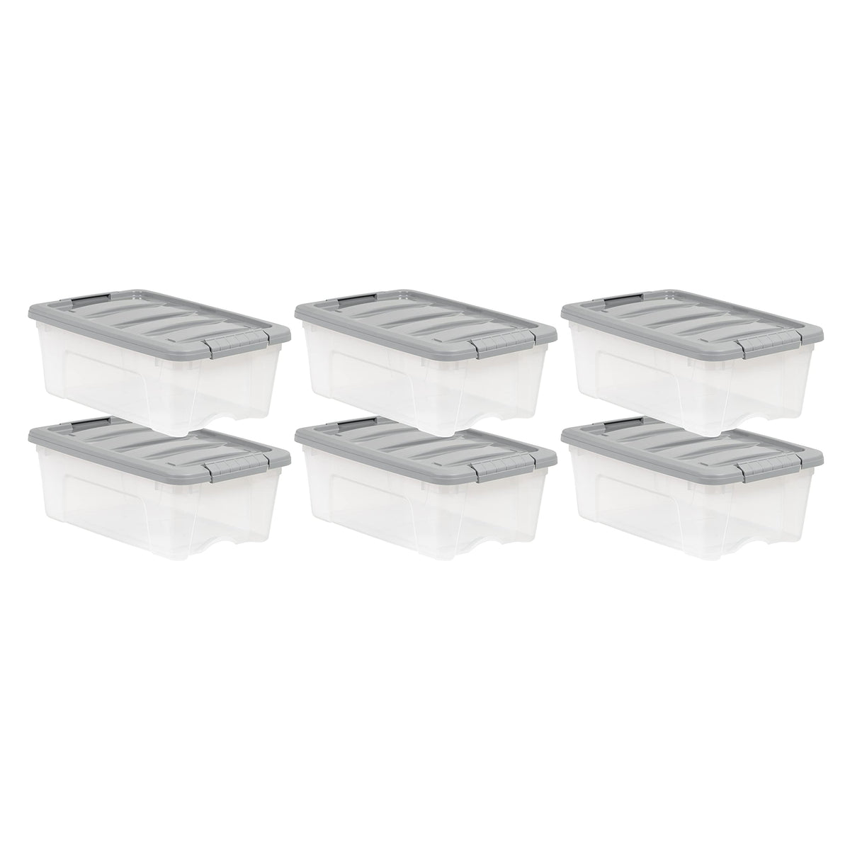 Amazon Basics 12-Quart bin with clear body and gray lid for quick content identification.