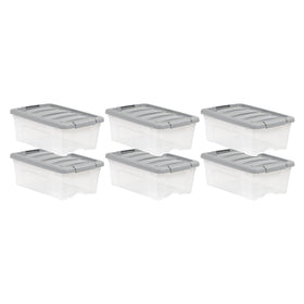 Amazon Basics 12-Quart bin with clear body and gray lid for quick content identification.