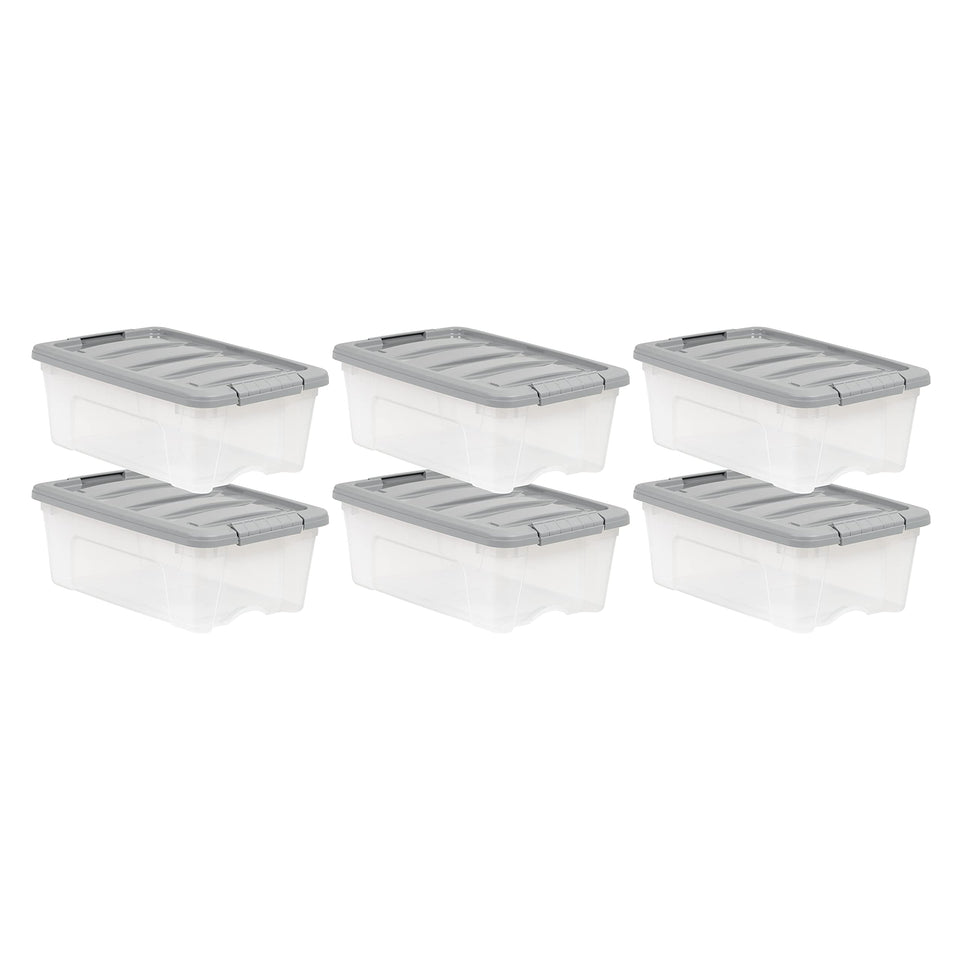 Amazon Basics 12-Quart bin with clear body and gray lid for quick content identification.