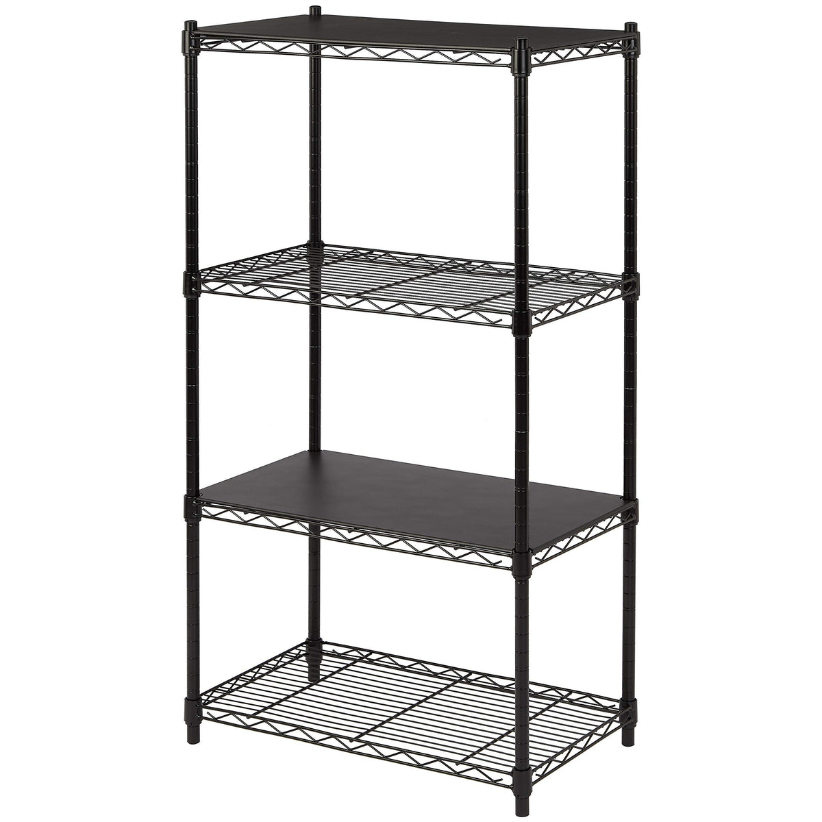 Amazon Basics storage shelf placed in a small room setup
