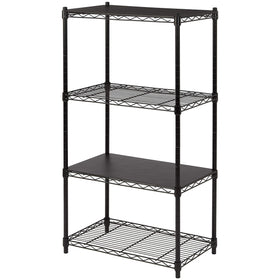 Amazon Basics storage shelf placed in a small room setup