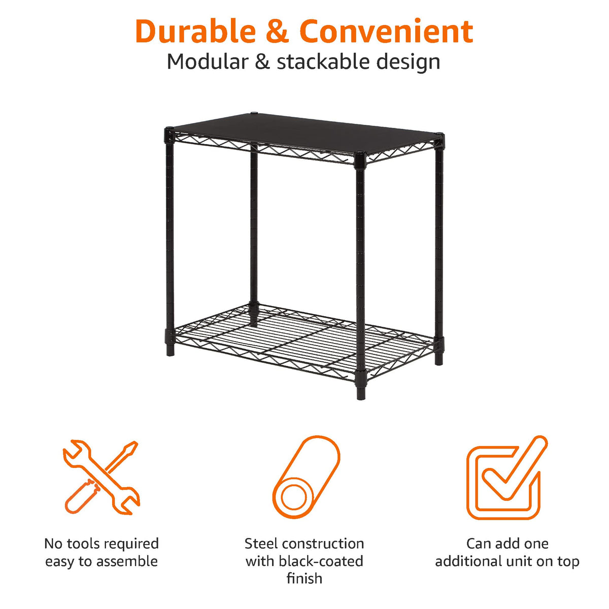Close-up of durable metal frame of Amazon Basics shelf in black