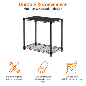 Close-up of durable metal frame of Amazon Basics shelf in black