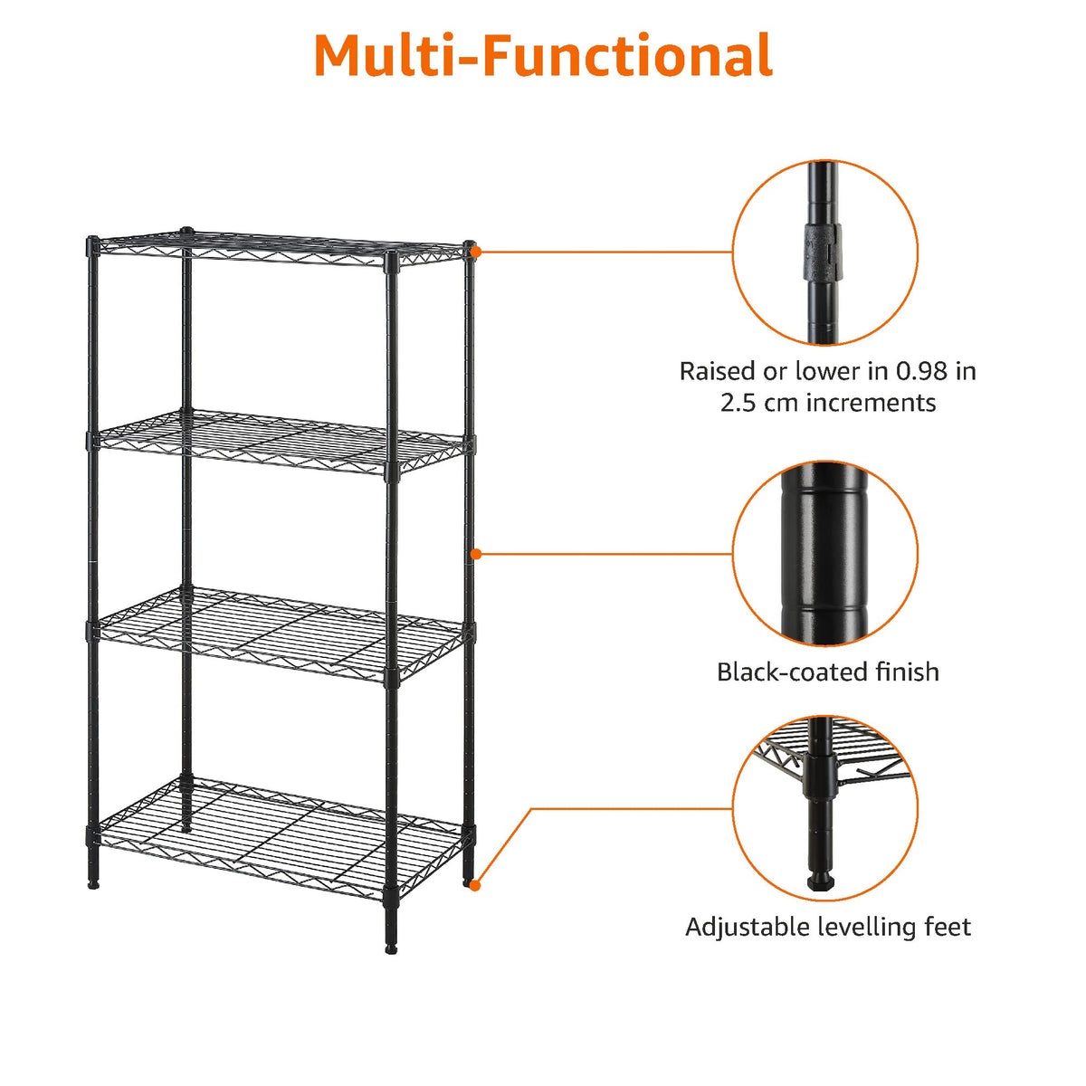 Amazon Basics 200 pounds per shelf capacity helps store heavier items safely.