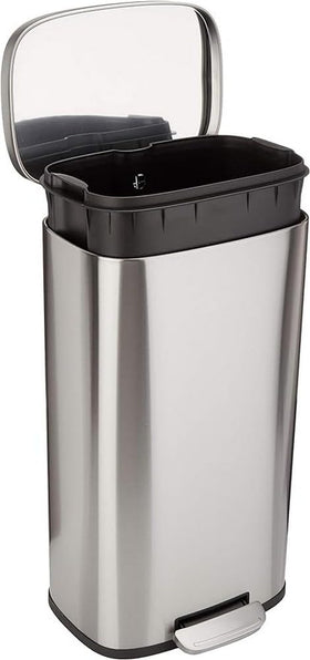 Amazon Basics 30L trash can with stainless steel finish and soft-close lid for quiet use.