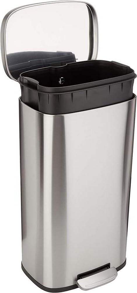 Amazon Basics 30L trash can with stainless steel finish and soft-close lid for quiet use.