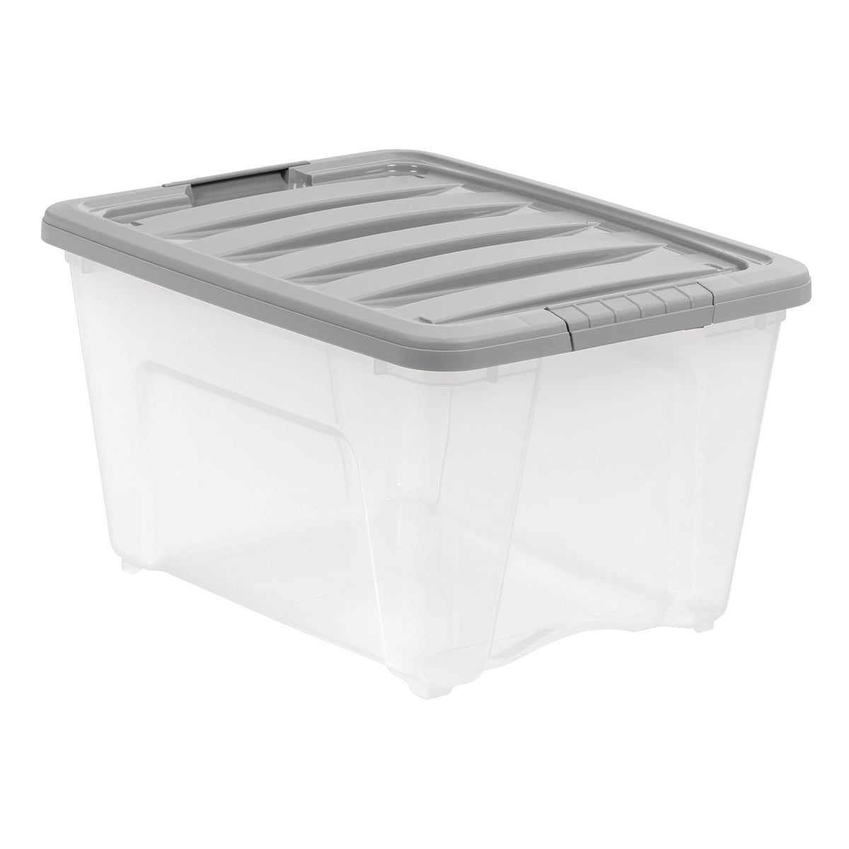 Amazon Basics stackable bin with clear body shows contents at a glance.
