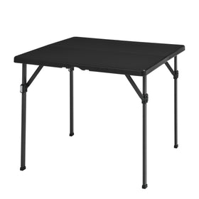 Amazon Basics 34-inch folding table with carrying handle for easy transport.