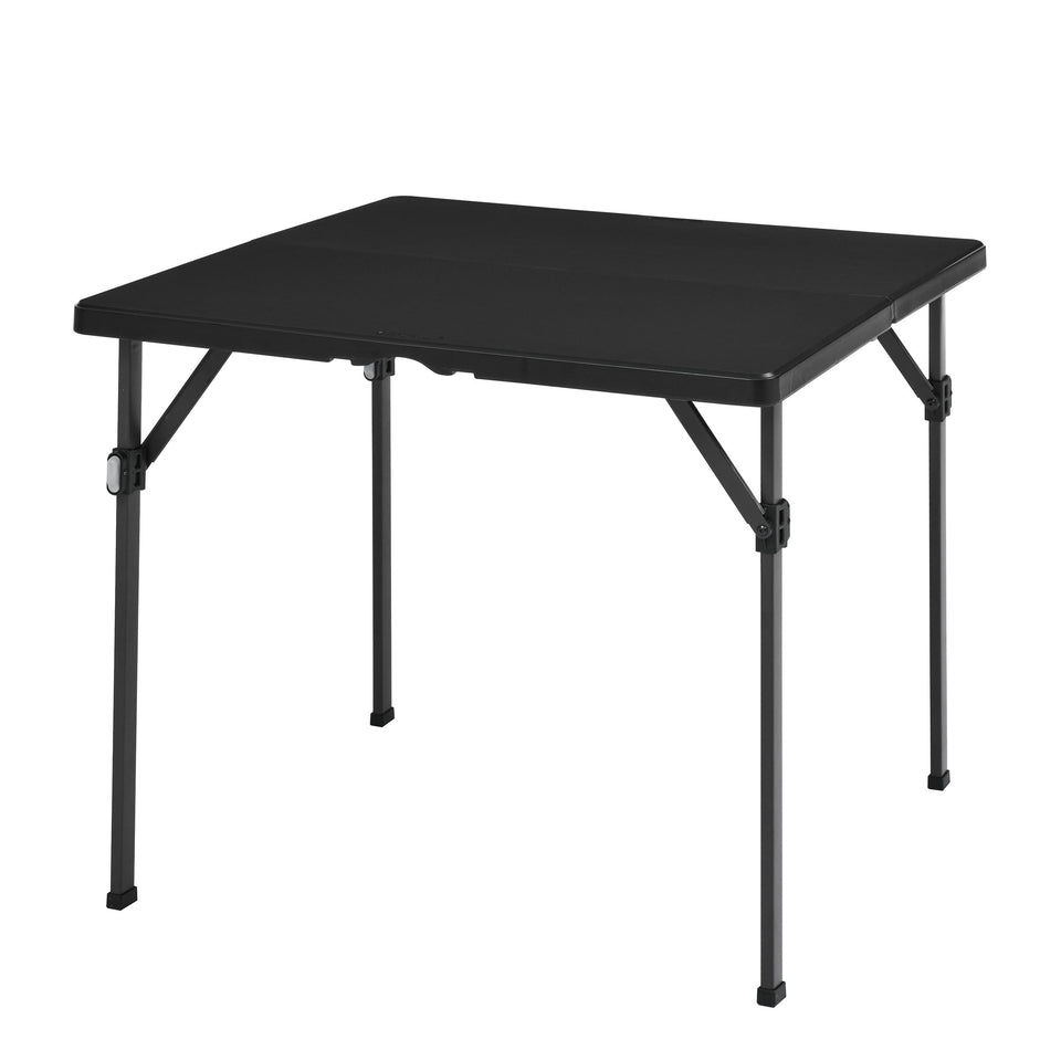 Amazon Basics 34-inch folding table with carrying handle for easy transport.