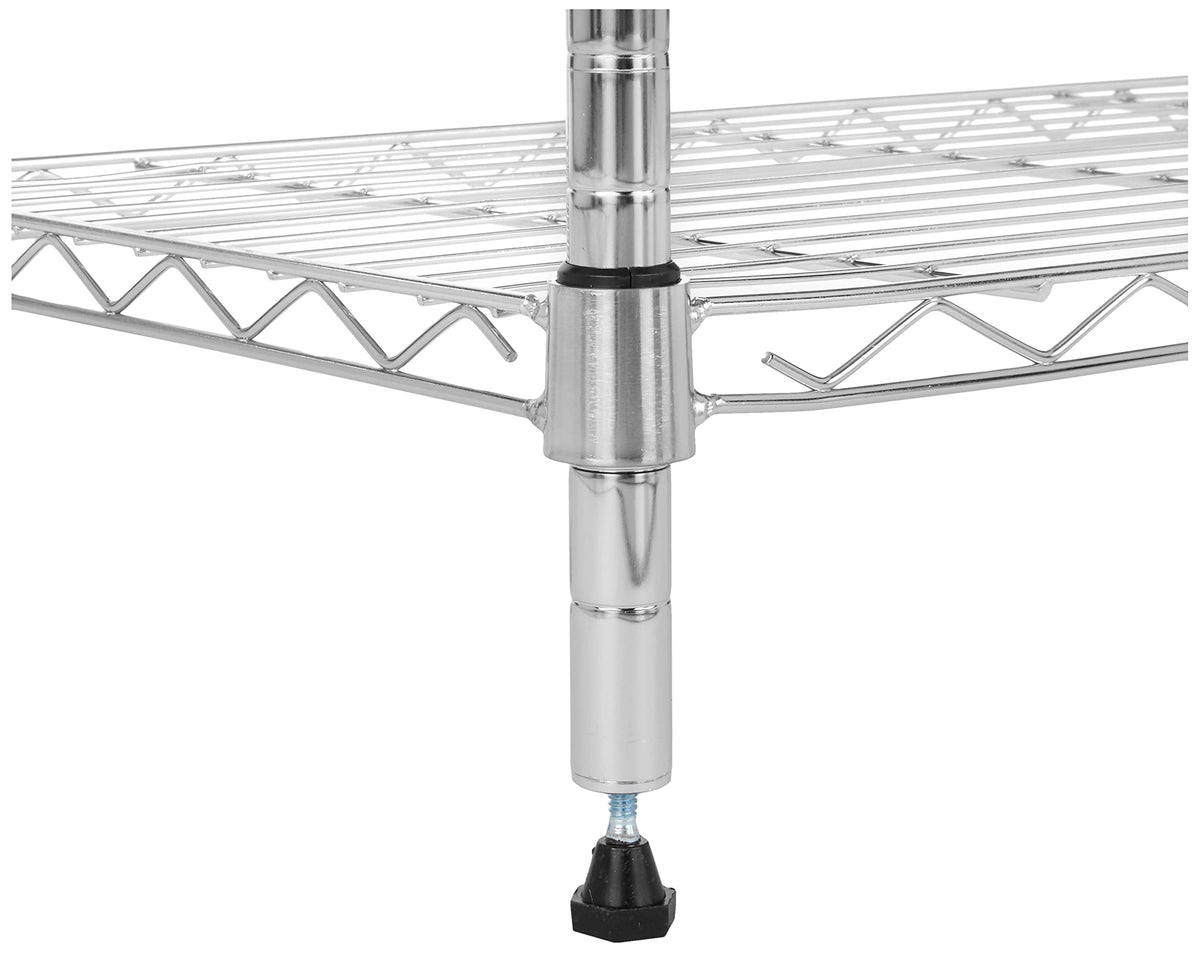 Sturdy four leveling feet stabilize the chrome shelving on uneven floors.