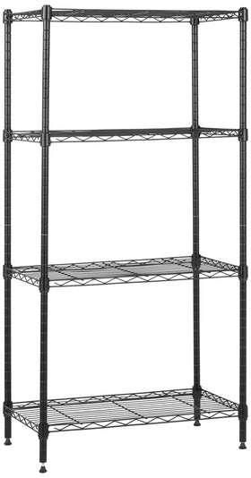 Amazon Basics 4-shelf steel wire unit in garage organizes tools with sturdy, accessible storage.