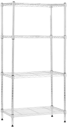 Amazon Basics 4-shelf chrome storage unit front view highlighting sturdy wire shelves.