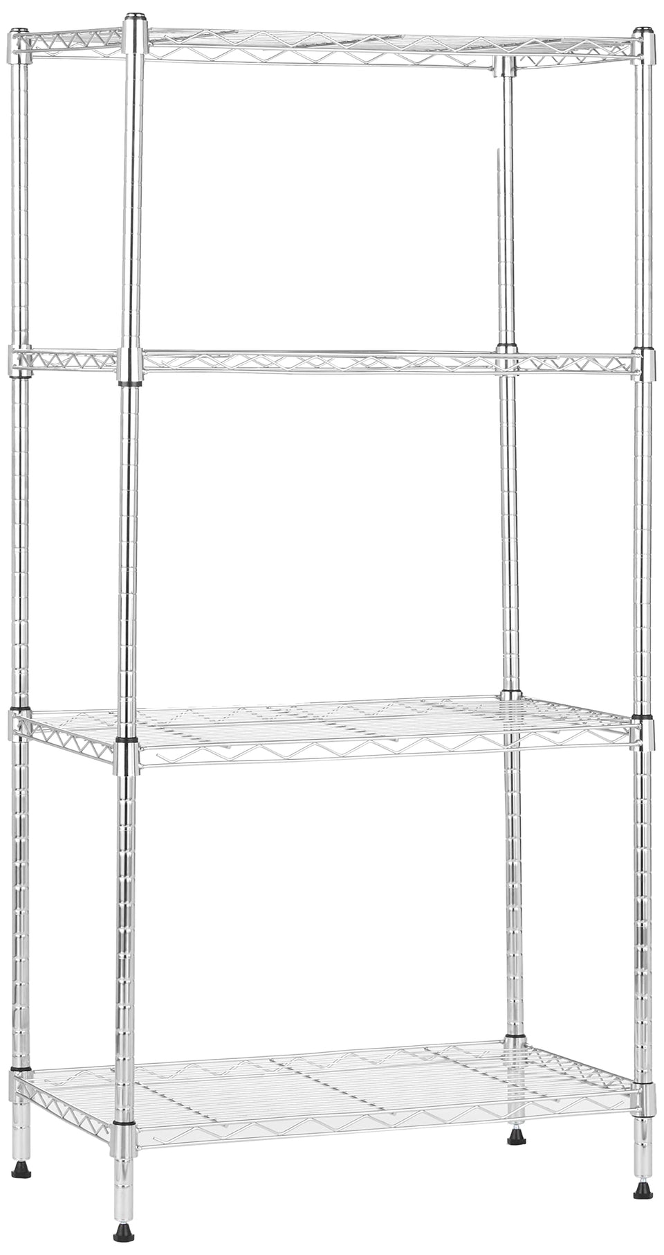 Amazon Basics 4-shelf chrome storage unit front view highlighting sturdy wire shelves.