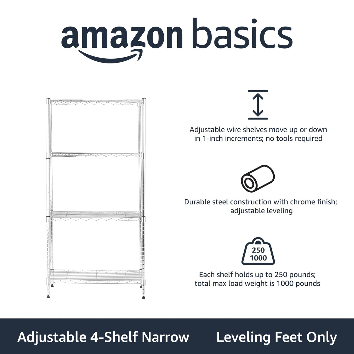 Amazon Basics 4-shelf chrome storage unit side view showing space-saving design.