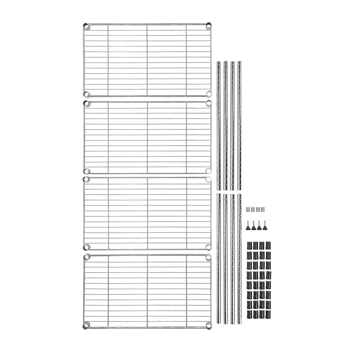 Amazon Basics 4-shelf chrome storage unit leveling-feet close-up showing stability.