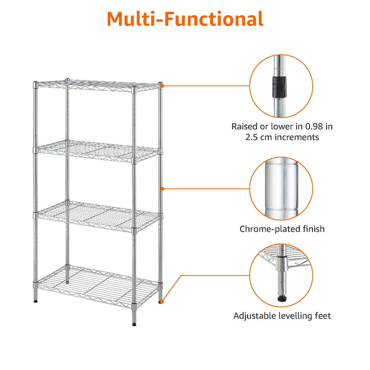 Amazon Basics 4-shelf chrome storage unit highlighting 200 lb per shelf capacity.
