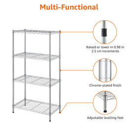 Amazon Basics 4-shelf chrome storage unit highlighting 200 lb per shelf capacity.