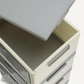 Amazon Basics 4-tier storage bins collapsible design folds flat for easy storage.