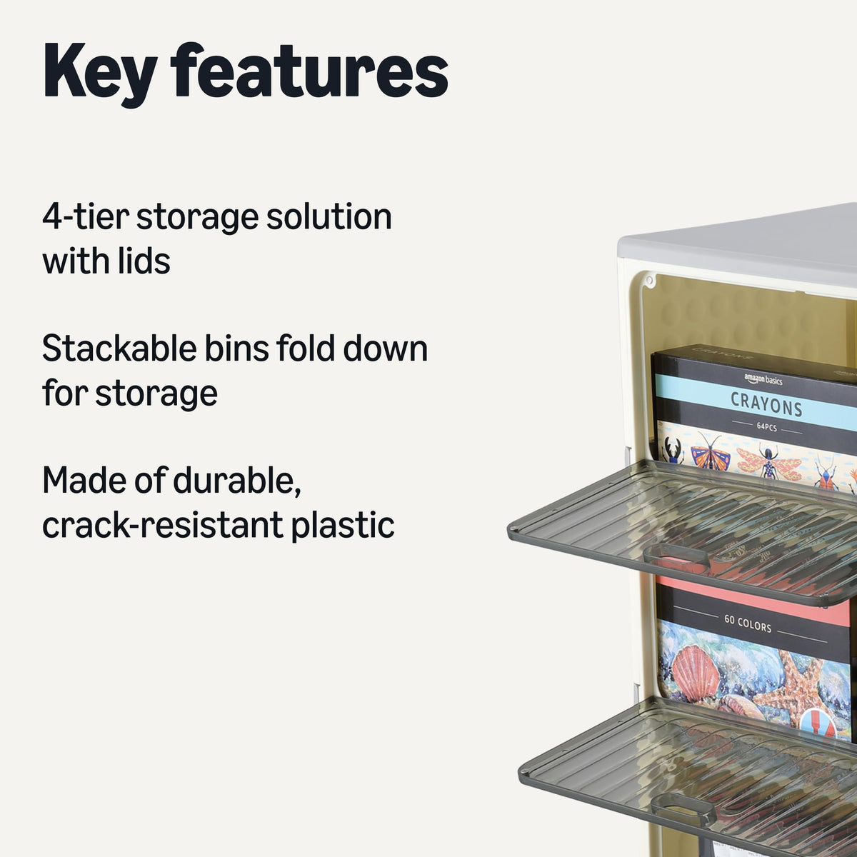 Amazon Basics 4-tier storage bins with front door access for quick item retrieval.