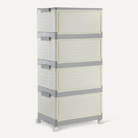 Amazon Basics 4-tier storage bins stackable design helps maximize space.