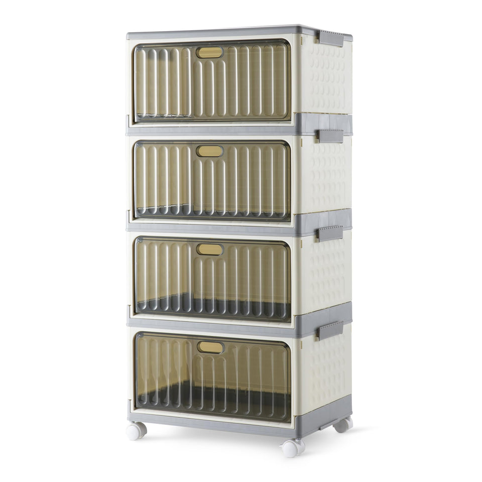 Amazon Basics 4-tier storage bins with top lid access for organized closets and garages.