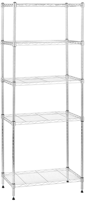 Amazon Basics 5-shelf chrome storage unit for garage organization.