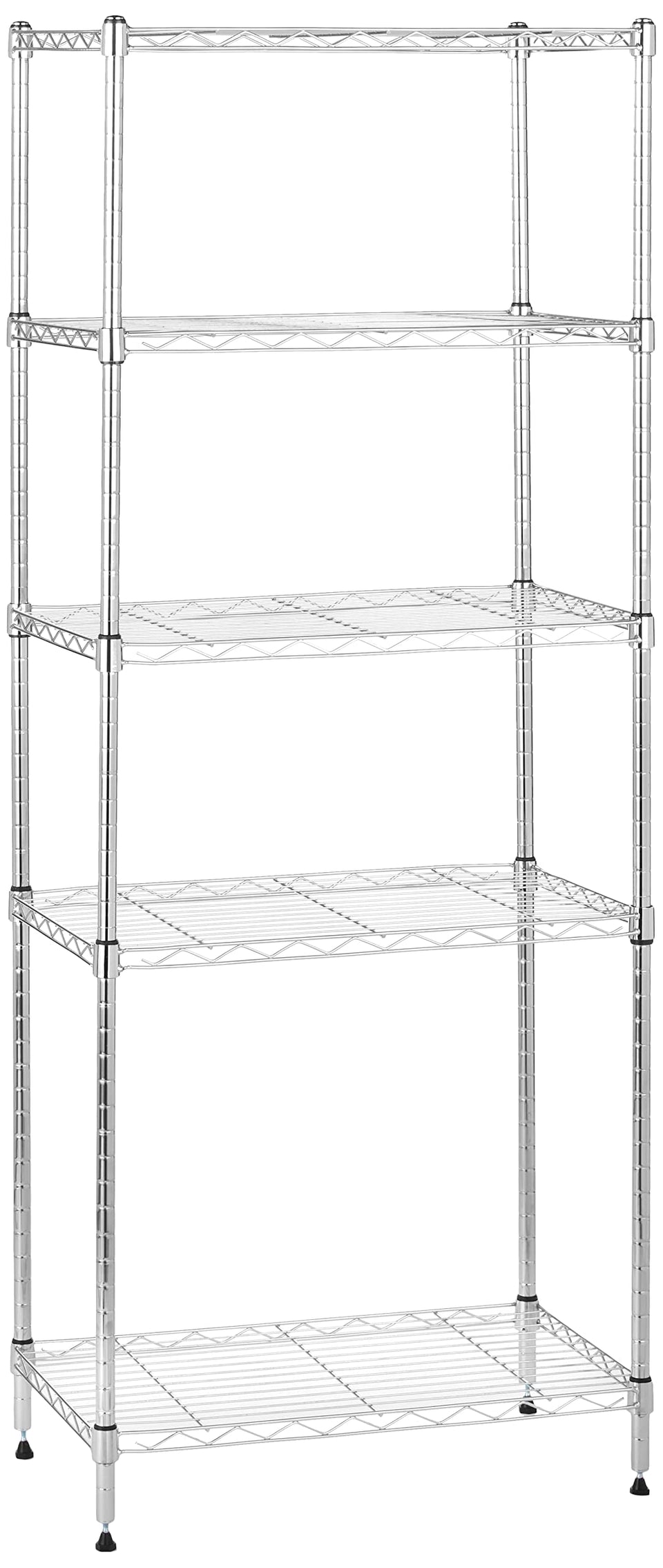Amazon Basics 5-shelf chrome storage unit for garage organization.