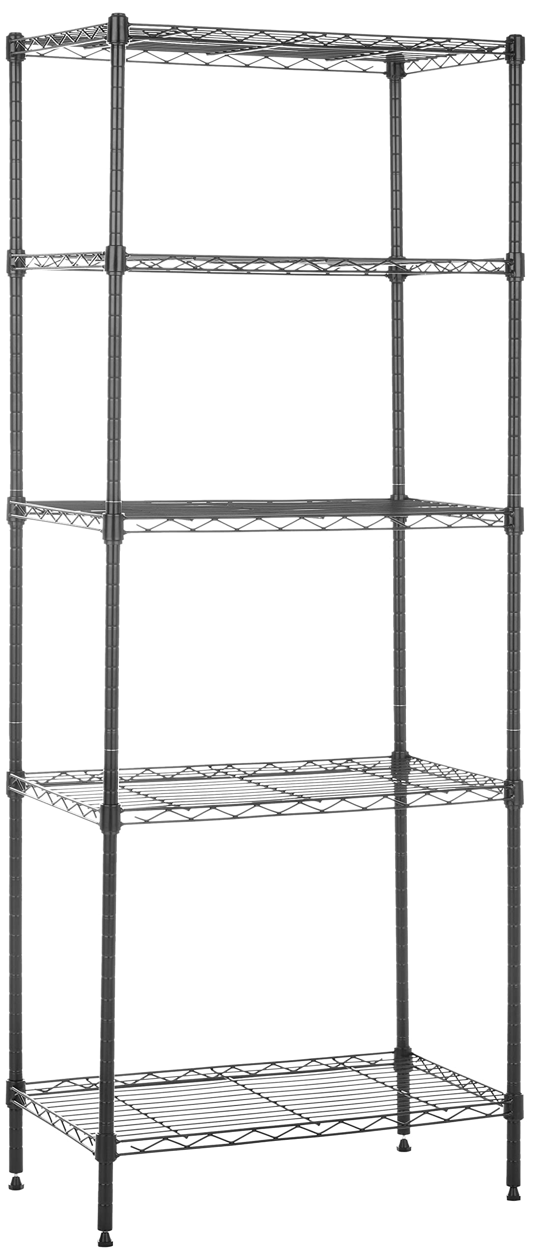 Amazon Basics 5-shelf rack shows quick, tool-free assembly for fast setup.