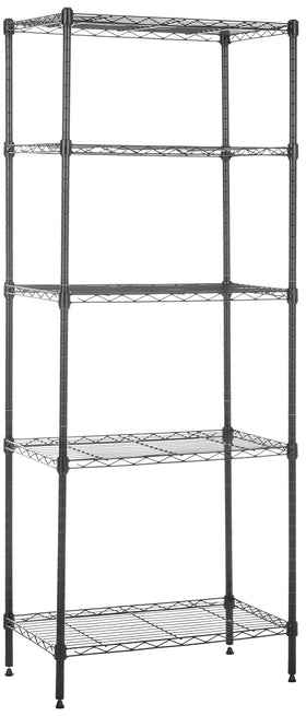 Amazon Basics 5-shelf rack shows quick, tool-free assembly for fast setup.