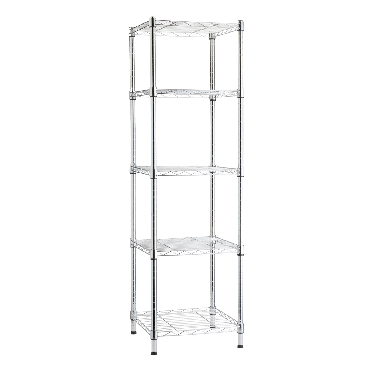 Amazon Basics 5-Shelf Tower chrome, front view, sturdy pantry or garage storage.