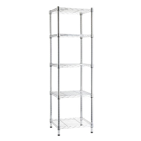 Amazon Basics 5-Shelf Tower chrome, front view, sturdy pantry or garage storage.