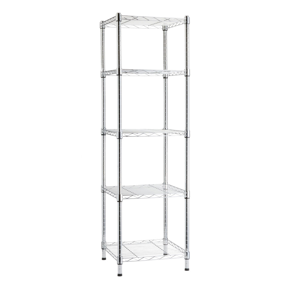 Amazon Basics 5-Shelf Tower chrome, front view, sturdy pantry or garage storage.