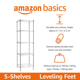 Amazon Basics 5-Shelf Tower chrome, side view, versatile shelving for tight spaces.