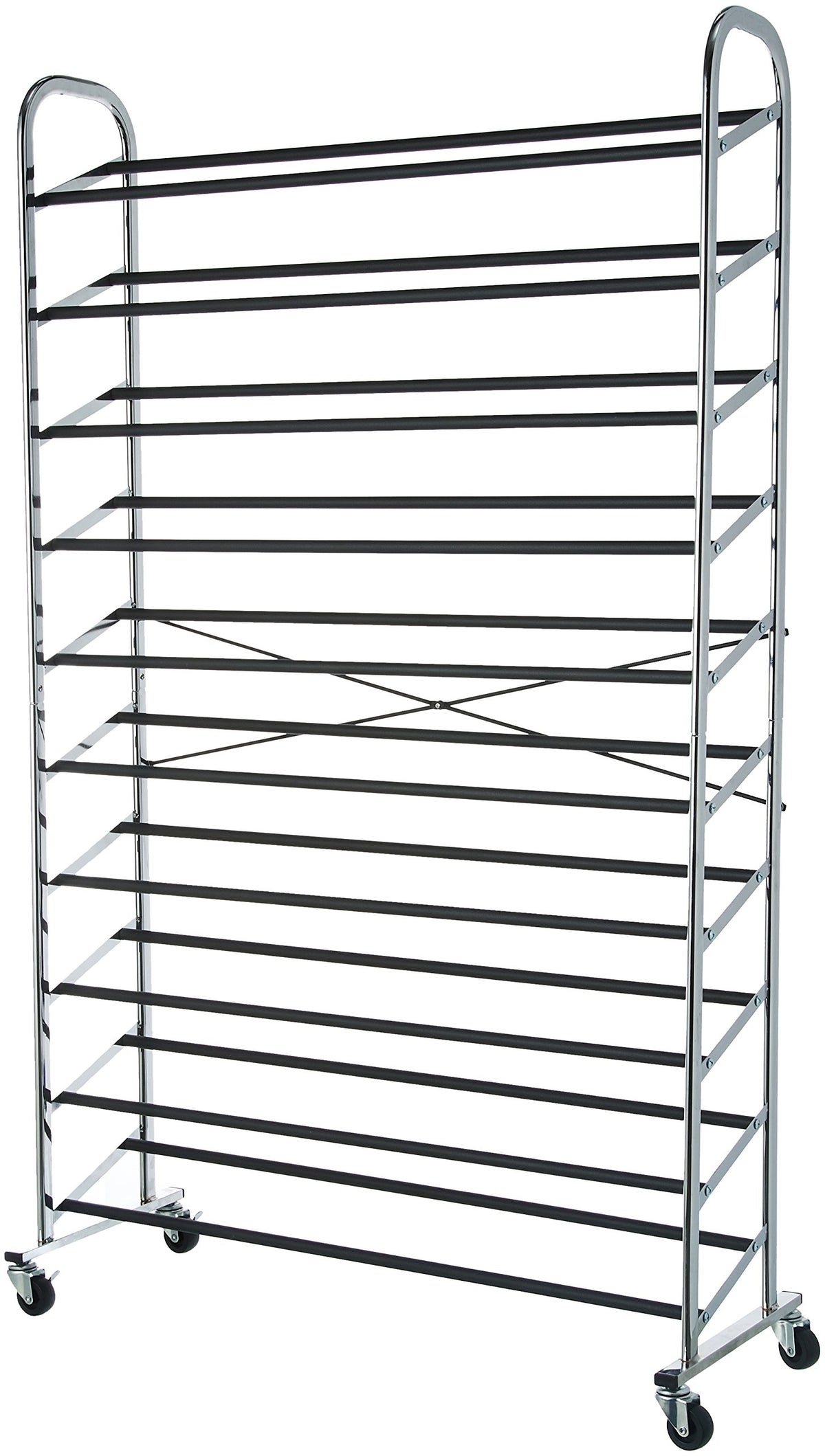 Amazon Basics 50-pair shoe rack organizer neatly stores shoes in closets.
