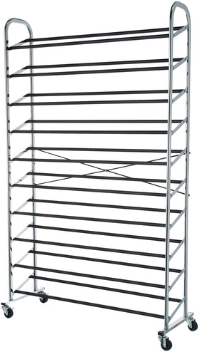 Amazon Basics 50-pair shoe rack organizer neatly stores shoes in closets.
