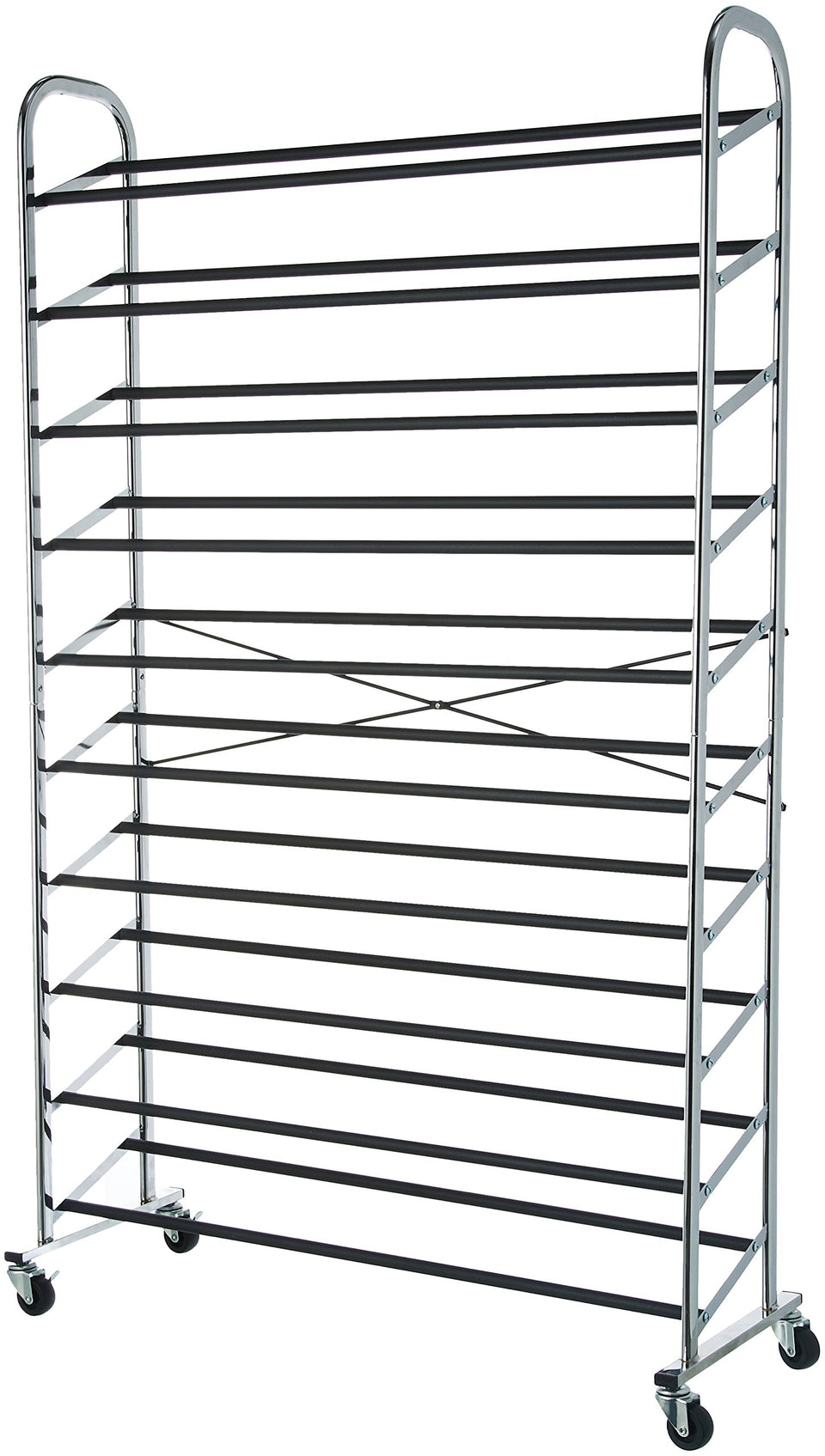 Amazon Basics 50-pair shoe rack organizer neatly stores shoes in closets.