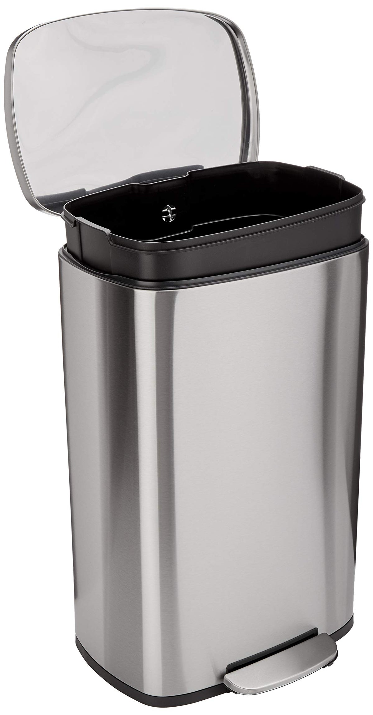 Amazon Basics 50L trash can front view with smudge-resistant finish