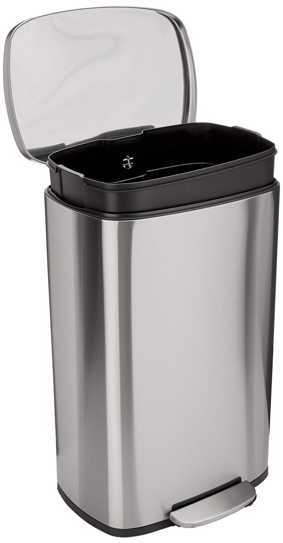 Amazon Basics 50L trash can front view with smudge-resistant finish