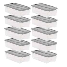 Amazon Basics 5-quart stackable storage bin with a secure latching lid for tidy organization.