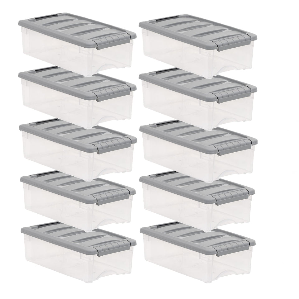 Amazon Basics 5-quart stackable storage bin with a secure latching lid for tidy organization.