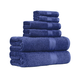 Amazon Basics 6-Piece Towel Set navy blue bath towels on rack; plush and absorbent