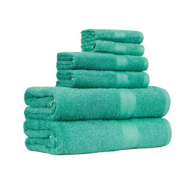 Amazon Basics six-piece towel set in teal, full view for bathroom upgrade.