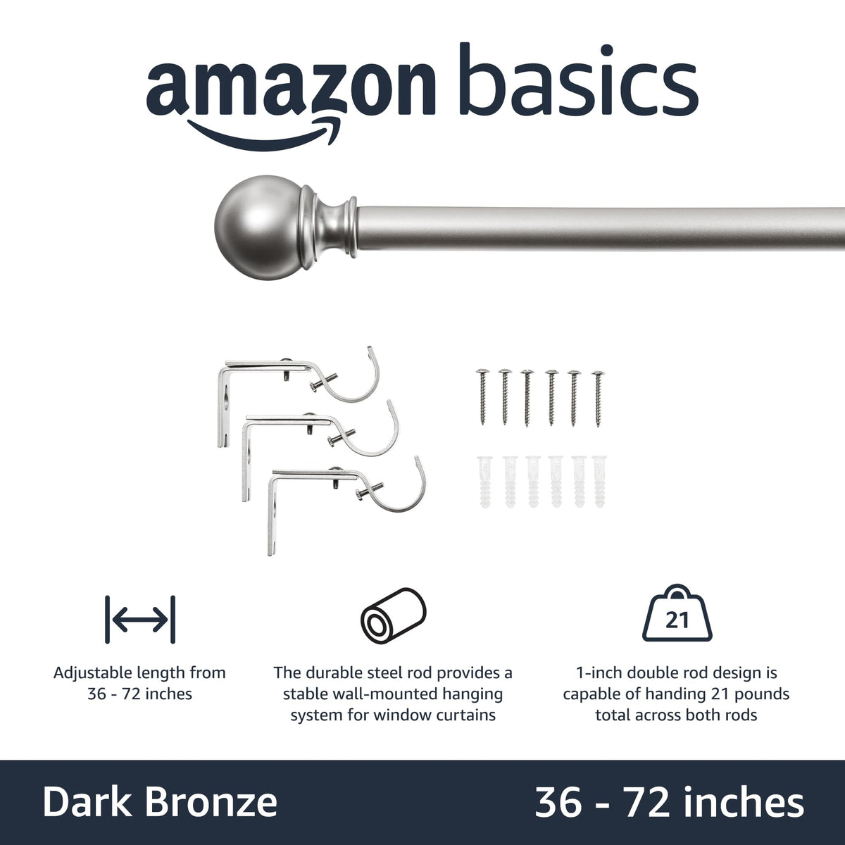 Amazon Basics adjustable rod length 36-72 inches for flexible window fit.