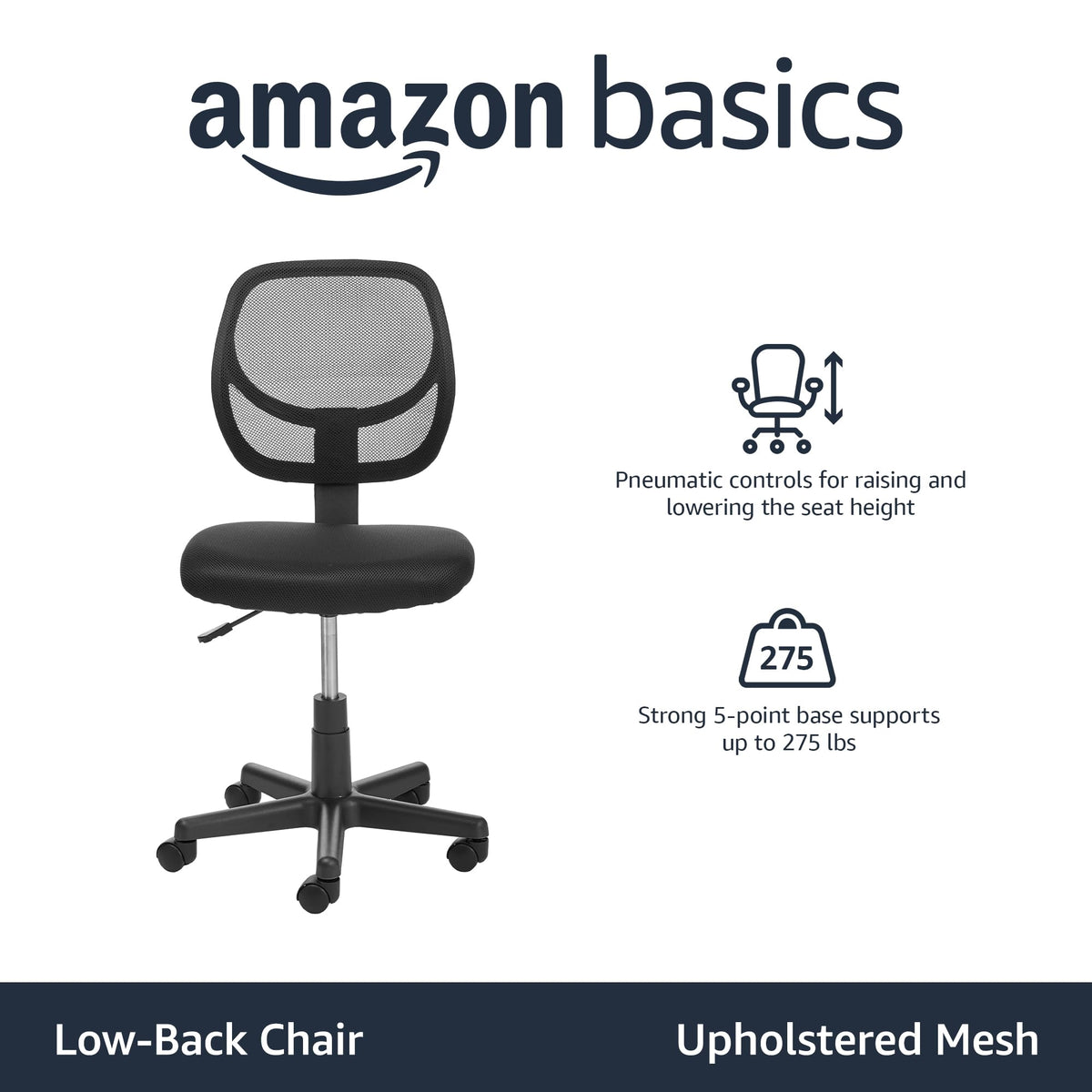 Amazon Basics chair with adjustable seat height for personalized desk alignment.