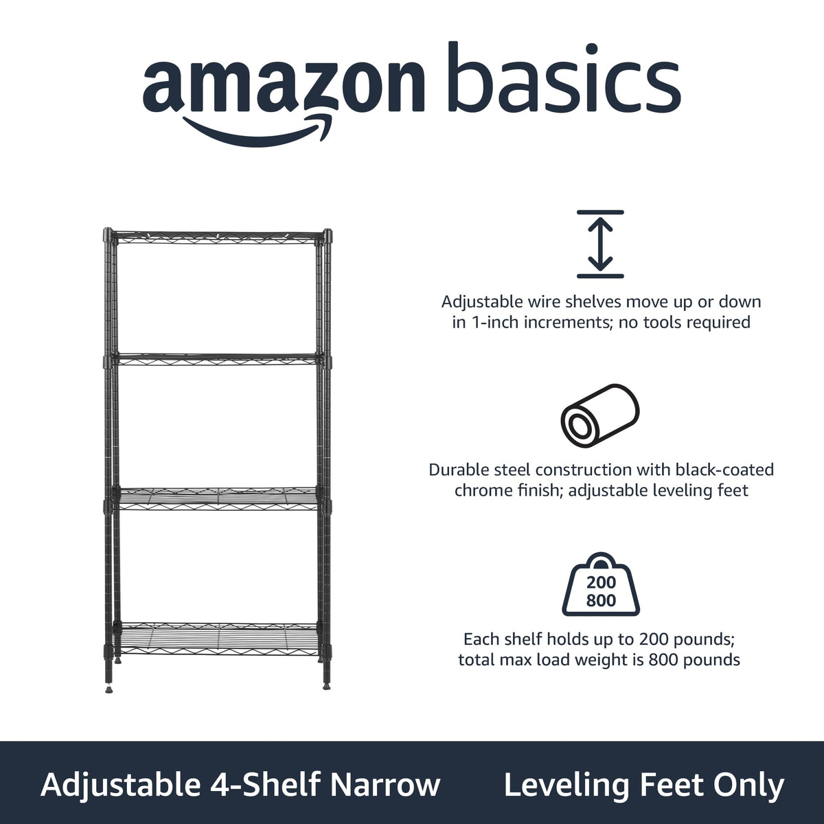 Amazon Basics adjustable-height shelves adapt to your space with 1-inch steps.