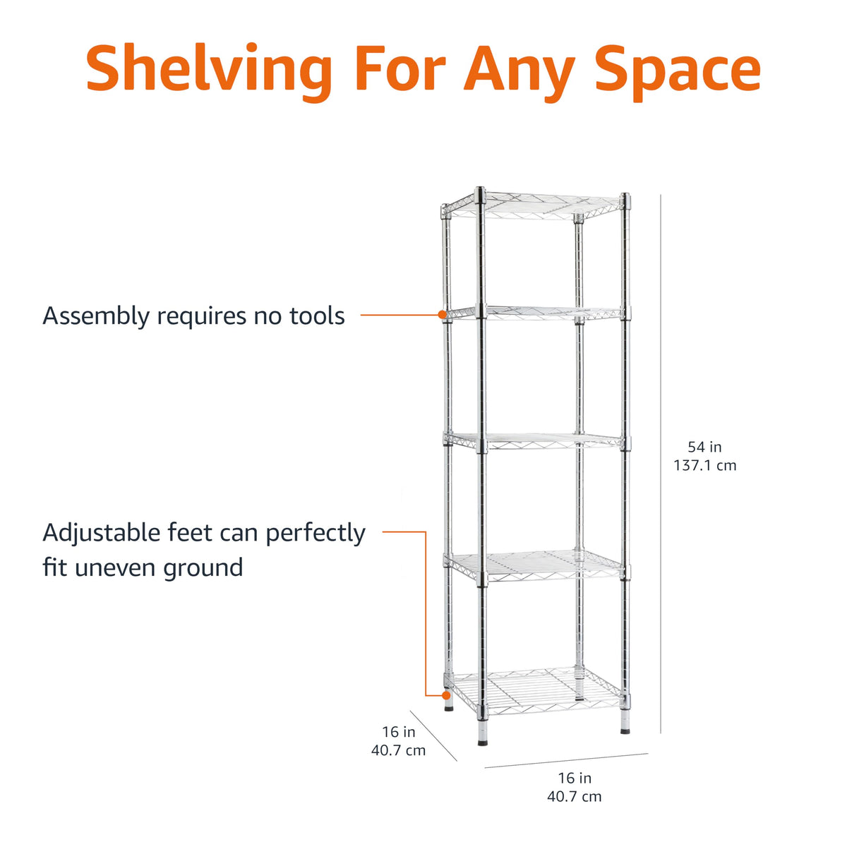 Amazon Basics adjustable shelves, chrome frame, flexible spacing for tall items.
