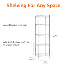 Amazon Basics adjustable shelves, chrome frame, flexible spacing for tall items.