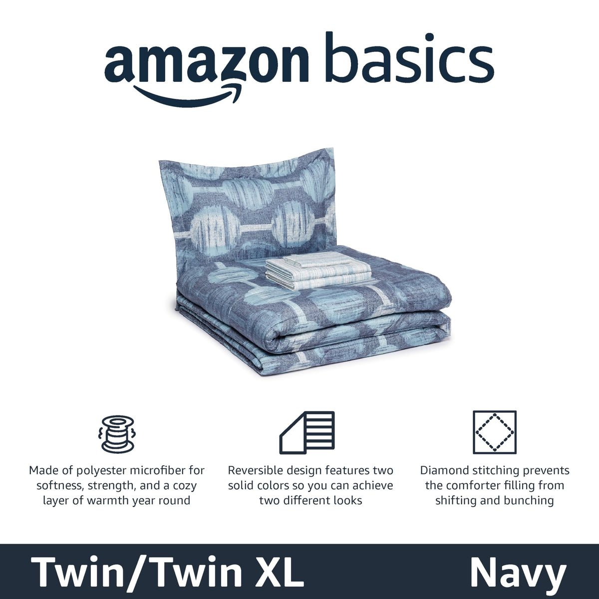 Amazon Basics bed-in-a-bag layout with navy geometric print including sheets and pillow sham.